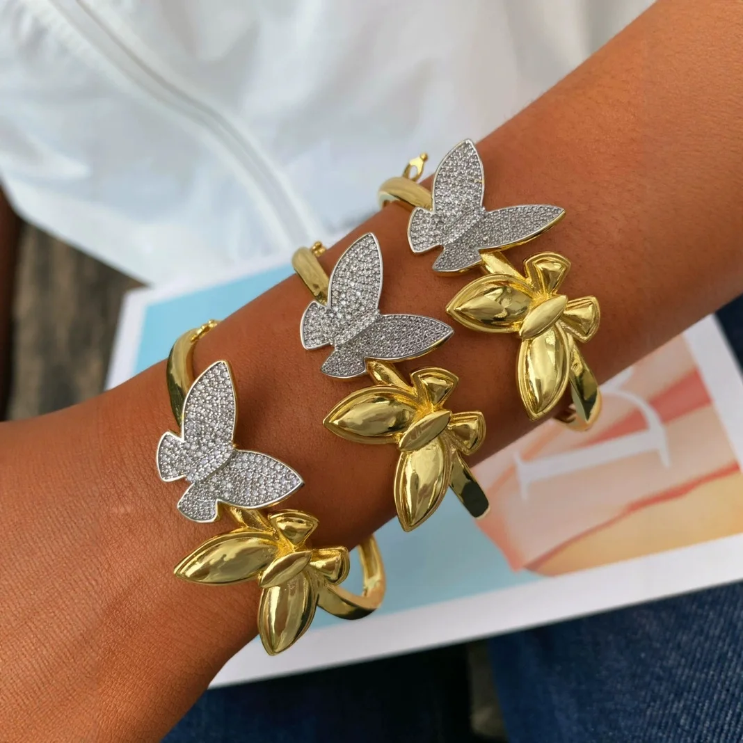 

18K Ring-Shaped Gold Inlaid with Zircon Butterfly Original Adjustable Ring Bangles