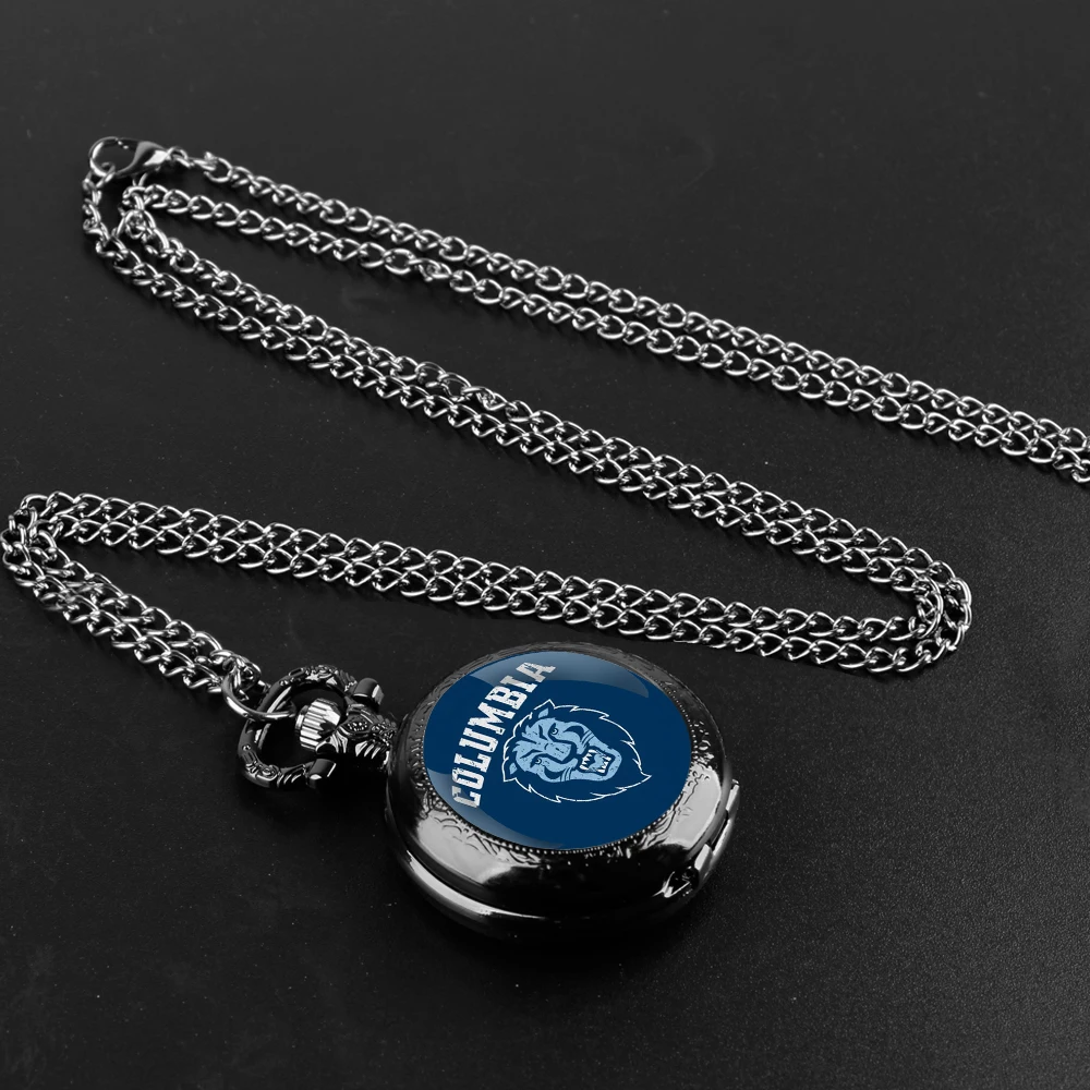 Columbia University Logo Design Quartz Pocket Watch with Chain Necklace Vintage Souvenir Gifts Clock Chain Mens Women