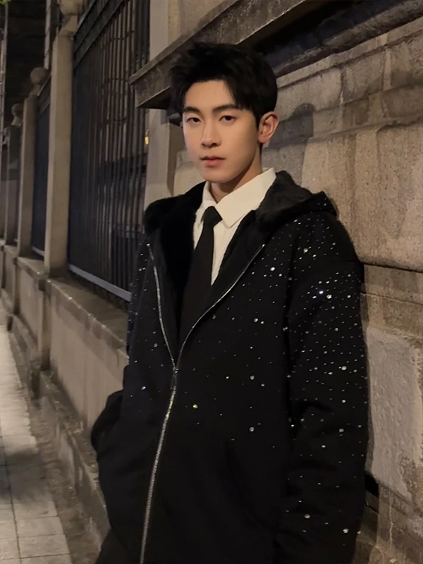 شتاء جديد سميكة الدافئة الثقيلة السماء المرصعة بالنجوم حجر الراين البلوز فضفاض عادية الصوف مبطن سستة مقنعين سترة للرجال