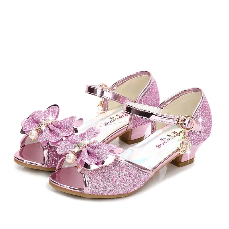 Princess Kids Leather Shoes for Girls Flower Casual Glitter Children High Heel Girls Shoes Butterfly Knot Blue Pink Silver