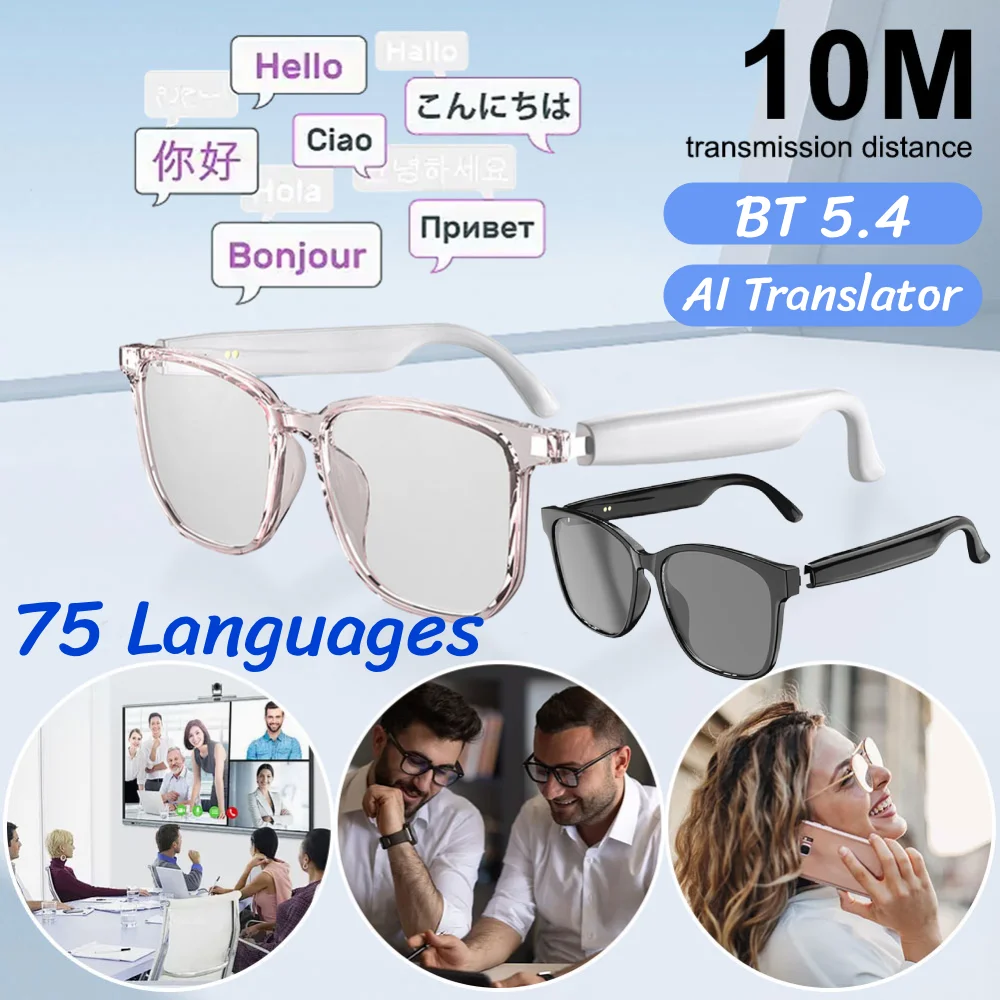 Audio Glasses Earphones Automatic Voice Translation AI Translator Glasses Support 75 Languages for Sports Meeting Recording