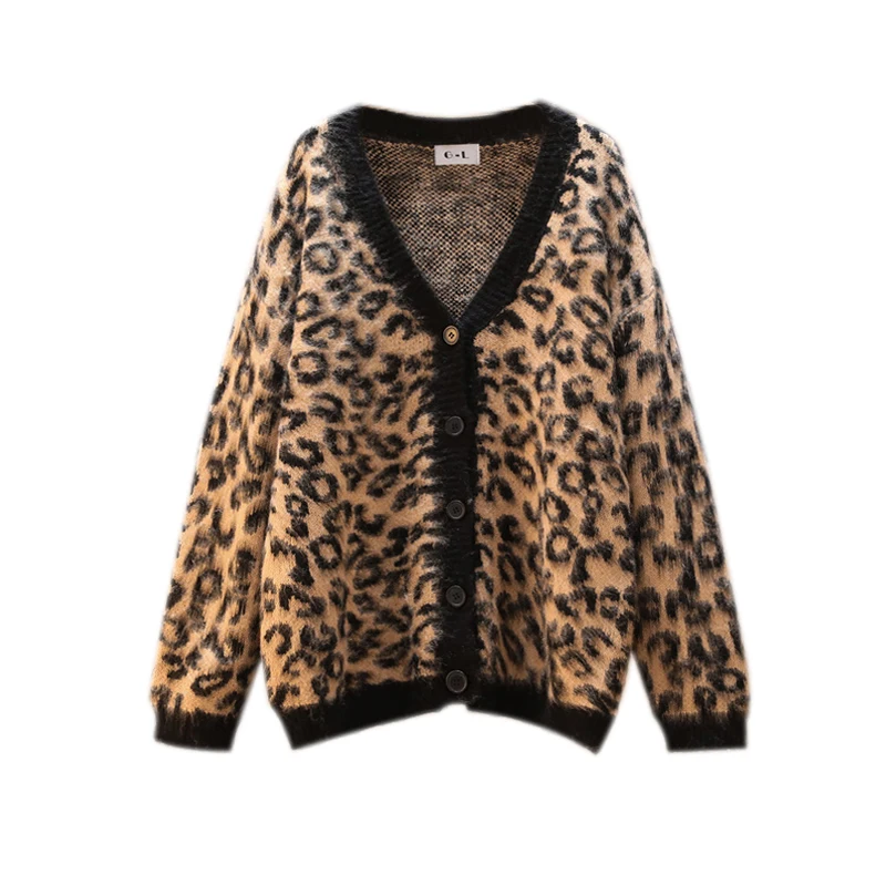 Leopard Knitted Loose Cardigan Sweater For Women 2022 Autumn Winter V-neck Long Sleeve Tops Coats Vintage Fashion Ladies Jumpers