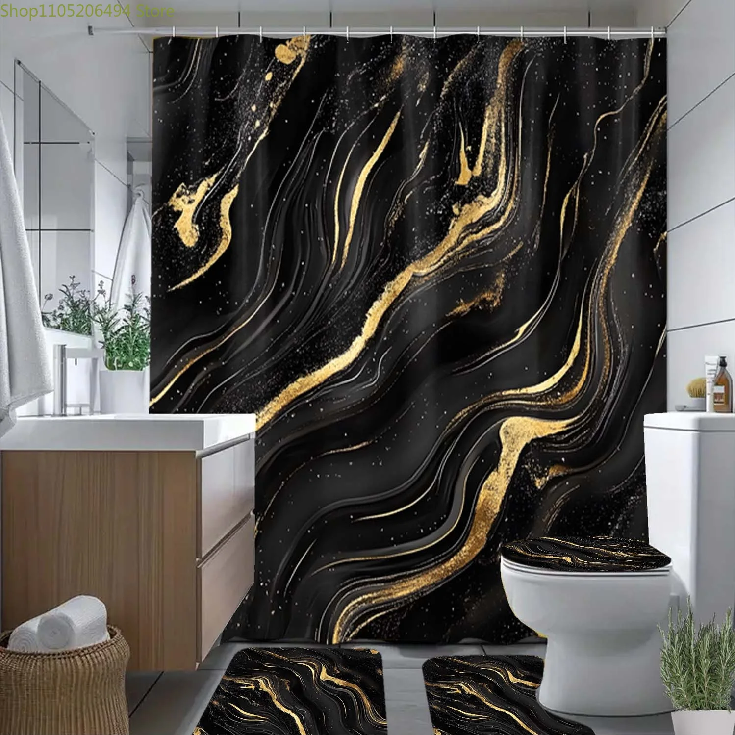 

1/3/4pcs Black Marble Golden Pattern Shower Curtain with Hooks, Bathroom Partition Curtains, Home Decor Accessories, All-Seaso