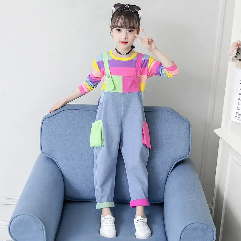 

Cute Girls Clothes Colorful Tops Long Sleeve Rainbow Sweatshirt Jeans Pocket Denim Jumpsuit 4 5 6 7 9 11 12 Years Girl 2pcs Sets