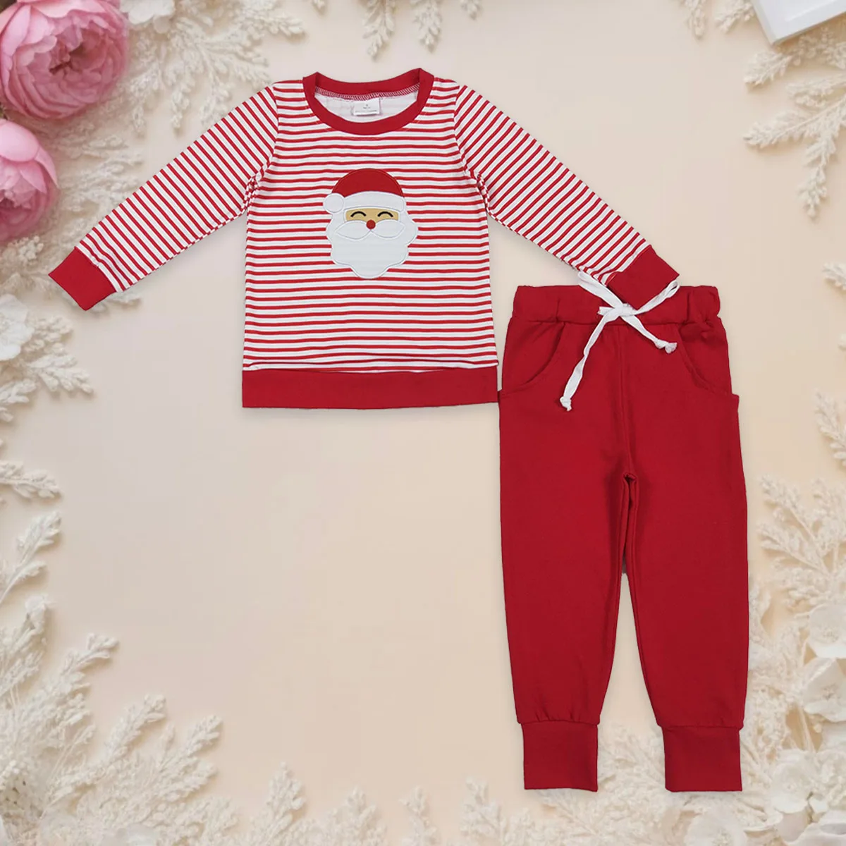 

Детский хлопковый наряд Санта-Клауса с вышивкой для маленьких мальчиков, пуловер с длинными рукавами, рубашка, детские карманные красные штаны, комплект одежды, оптовая продажа