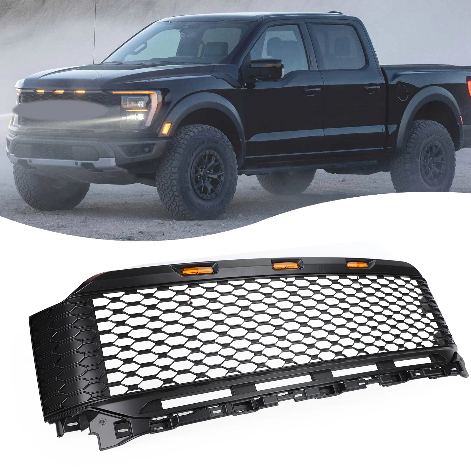 ABS Front Bumper Grille Grill W/ LED For Ford F-150 F150 2021 2022 Raptor Style with Letter and camera holes