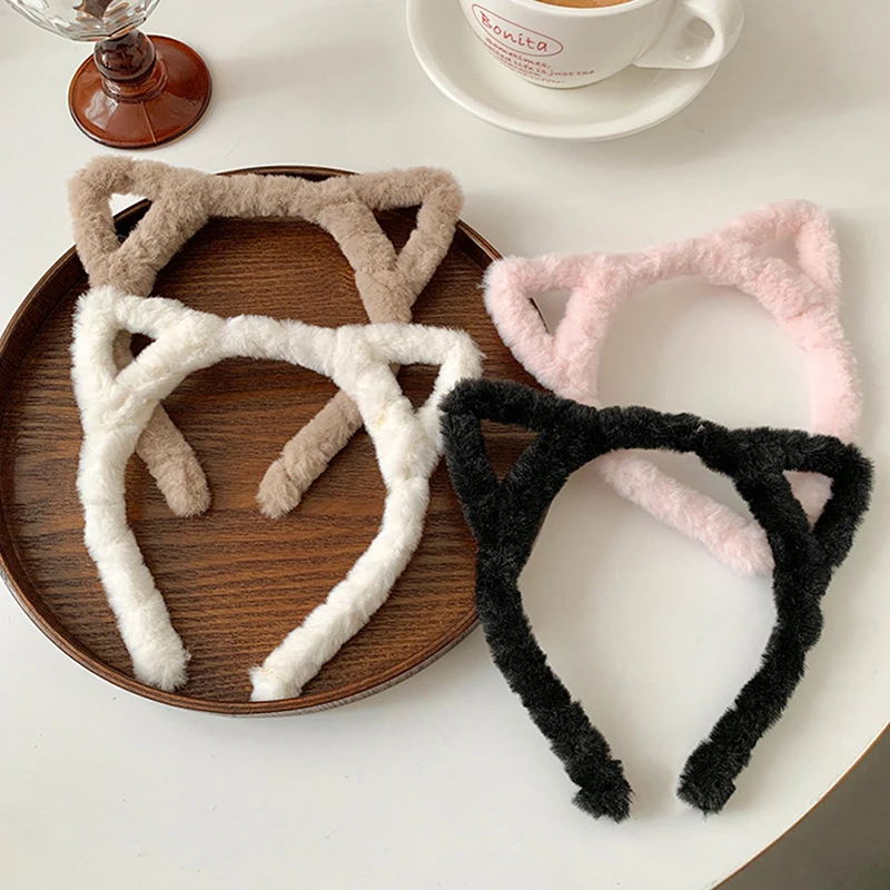 1pc Cat Ears Womens Headband Woolen Velvet Hair Band Headwear Girl Wash Up Plush Hoop Accessories Autumn And Winter