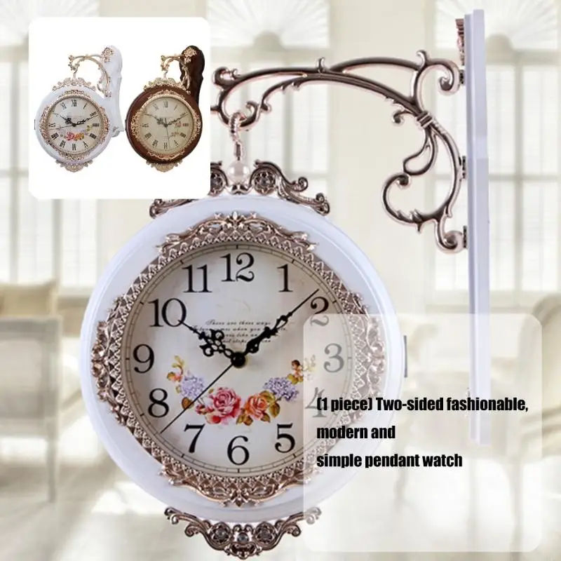 European Quiet Wall Clock With Two Facing Displays Arabic and Roman Numerals Battery Operated For Family Cafes Decors 87HA