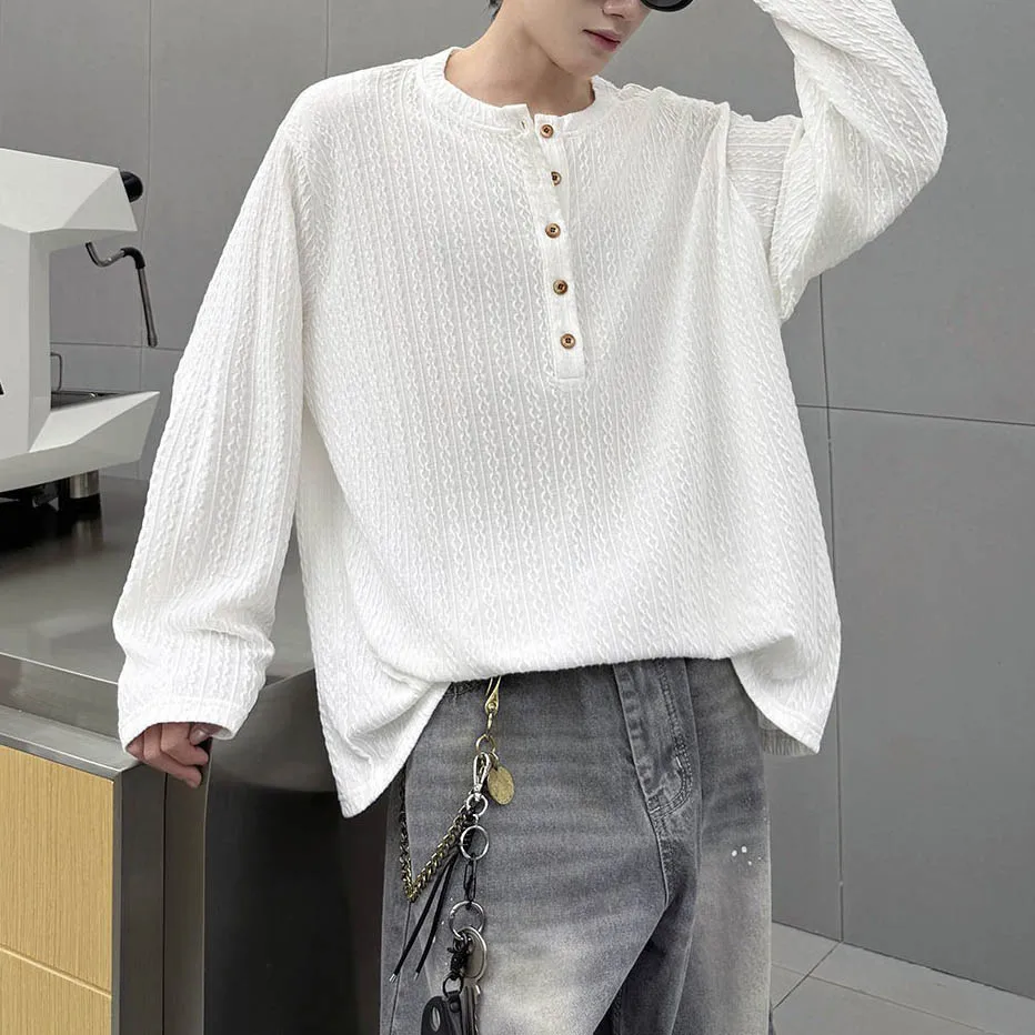 

Summer New Men's Jacquard Solid Color Long-Sleeved T-Shirt American Retro Fashion Trend Leisure Loose Breathable Niche Men's Top