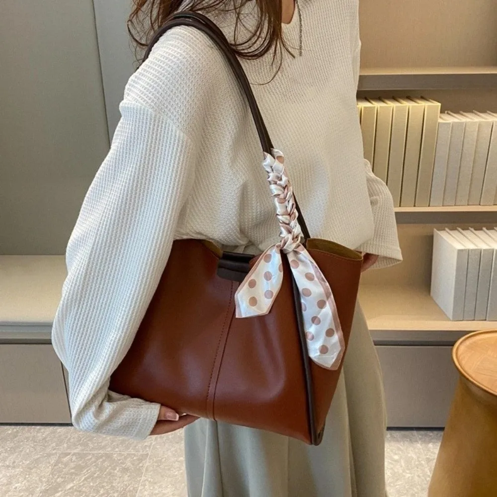 

Tote Bag Women PU Shoulder Bag Large Capacity with Small Bag Silk Scarf Straps Handbag PU Leather Portable PU Underarm Bag