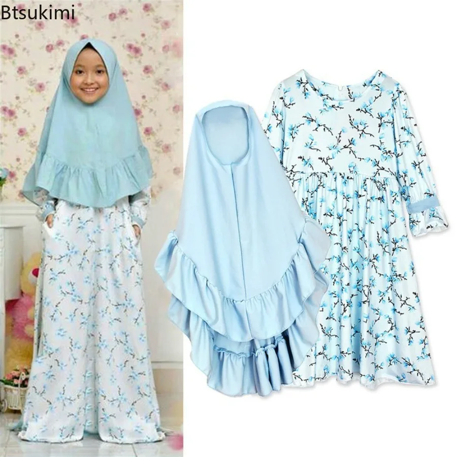 Eid Ramadan Muslim 2pcs Kids Abayas Headscarf Outfits Girls Print Long Sleeve Dress+Hijab Set Children Dubai Islamic Kaftan Gown