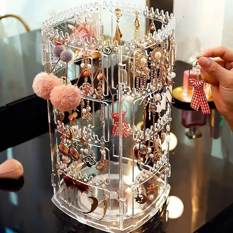 

Clear Rotating Jewelry Display Stand 360 Degree Rotation Earring Necklace Storage Box Cosmetic Organizer