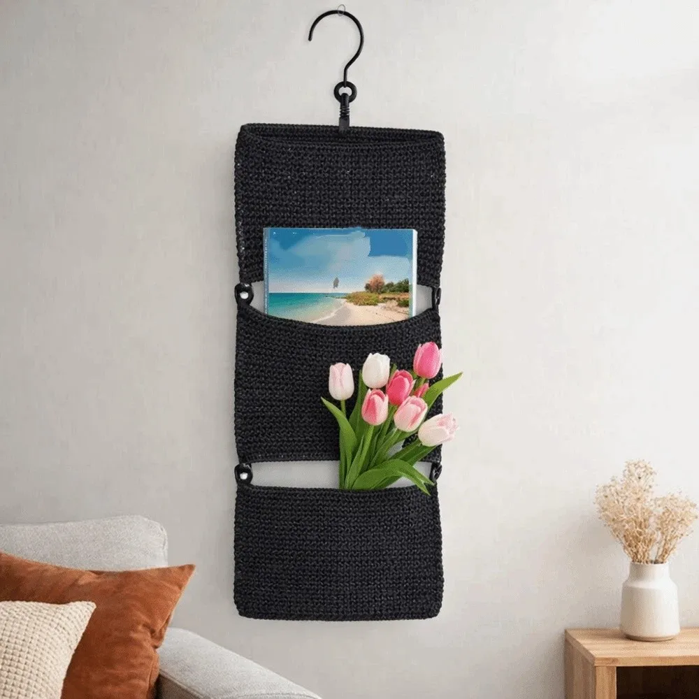 Handwoven Three Layers Hanging Bag Washable Large Capacity Wall Mounted Storage Basket Space Saving Decorative