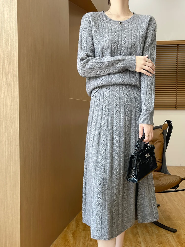 100% Merino Wool Two-piece Set Women Knitted Round Collar   Sweater Simple Cosy Loose Autumn Winter Pullover A-line Skirts Suit