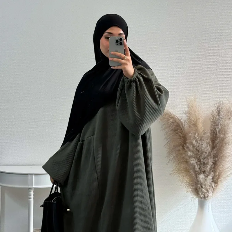 Dubai Corduroy Abaya for Muslim Women Eid Ramadan Modest Dress Loose Large Elegant Gown Islam Clothing Turkey Solid Robe