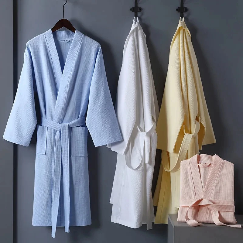 100%Cotton Long Thick Absorbent Terry Bath Robe Kimono Men LightWeight Waffle Towel Bathrobe Solid Sleepwear Women Dressing Gown