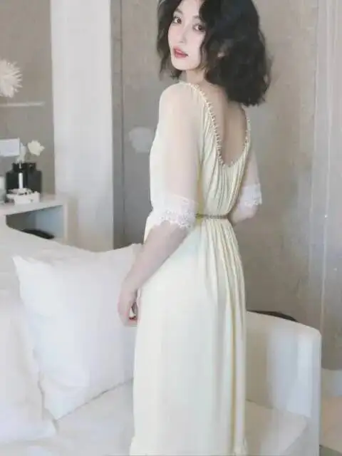 Summer Sexy Women's Dress Lace Robe Ladies Loungewear Lace Trimmed Skirt With Wrinkled Hem At The End Of The Dress elegant PDTV