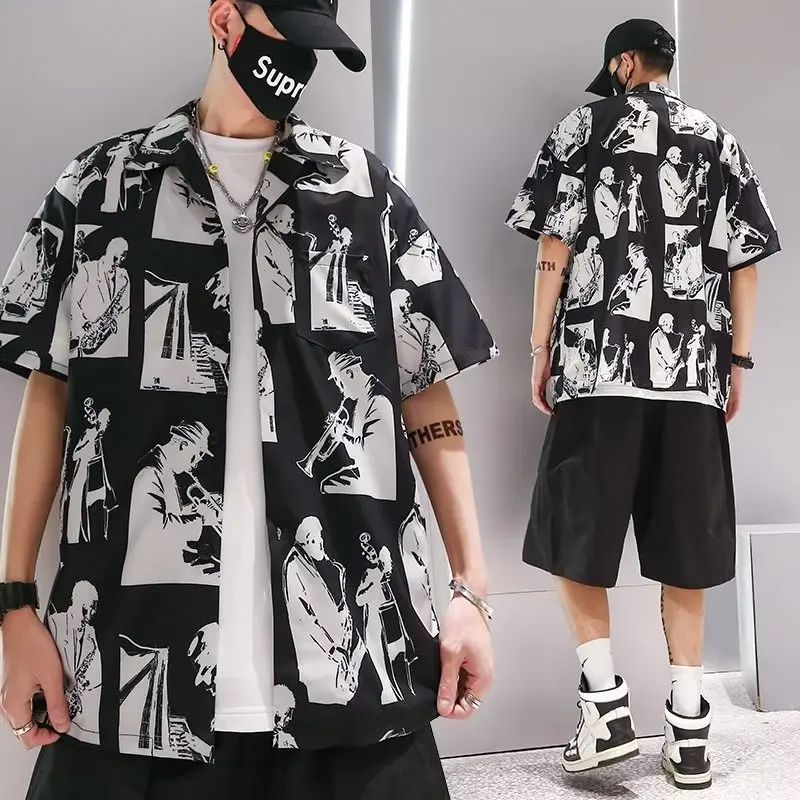 

Summer High Quality Mens Hawaiian Shirt 3D Black Printed Short Lapel Sleeve Big Size Men Beach New Design musician Shirts 2023