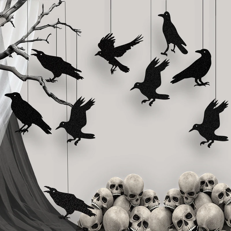 Guirxiété de Bannière en Papier pour Halloween, Corbeau Noir, Cage à Oiseaux, Décoration Intérieure de Maison, Accessoires d'Horreur