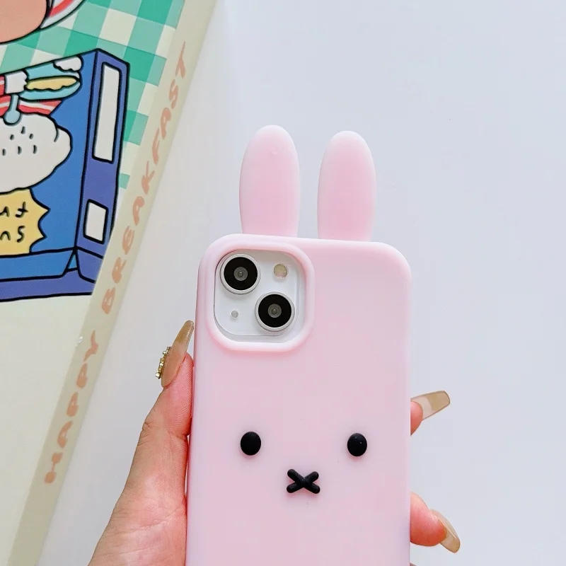 Luksusowe, urocze, różowo-białe silikonowe etui na telefon z Miffy dla iPhone 12 13 14 15 16 17 Pro Max, zabawne, kreskówkowe etui z Miffy z długimi uszami. — zdjęcie produktu 5