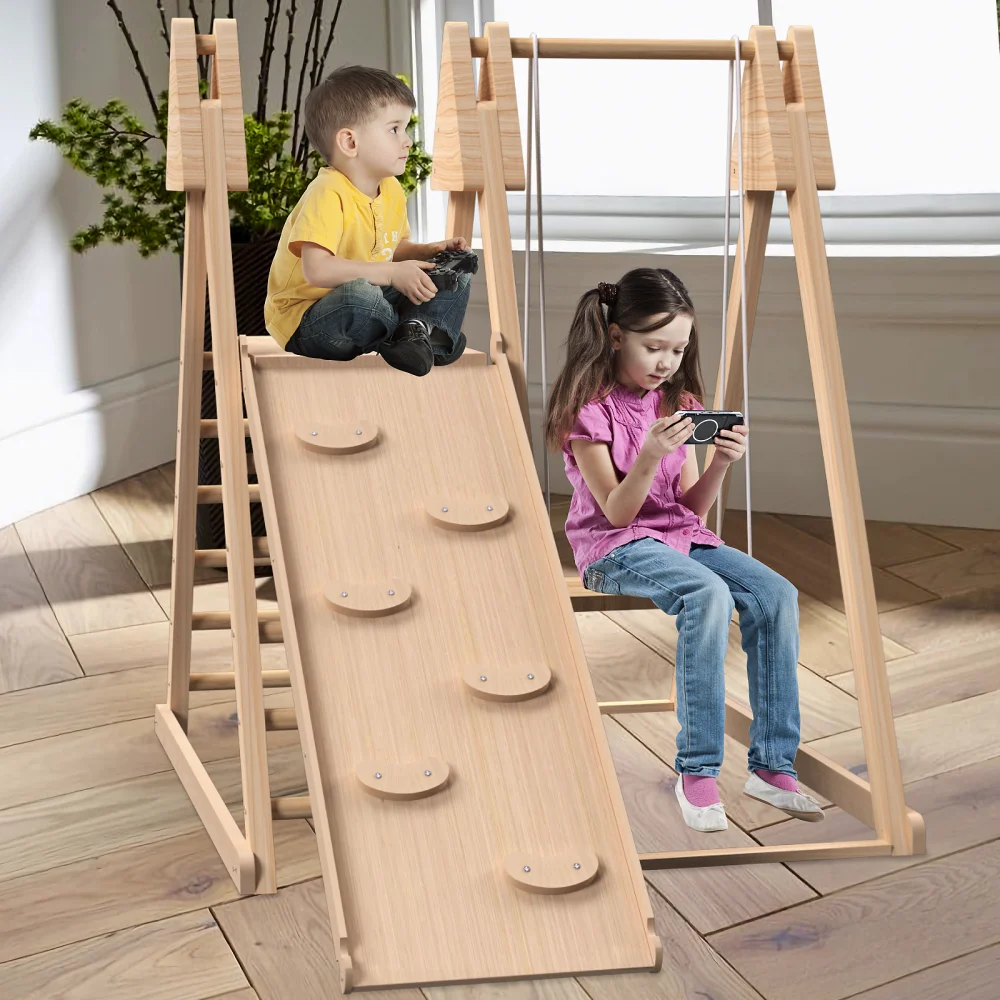 4-in-1 Juniper Indoor Play Gym Speelset met babyschommel Ladder Klimmuur Opvouwbare houten speelset Indoor Jungle Gym voor kinderen