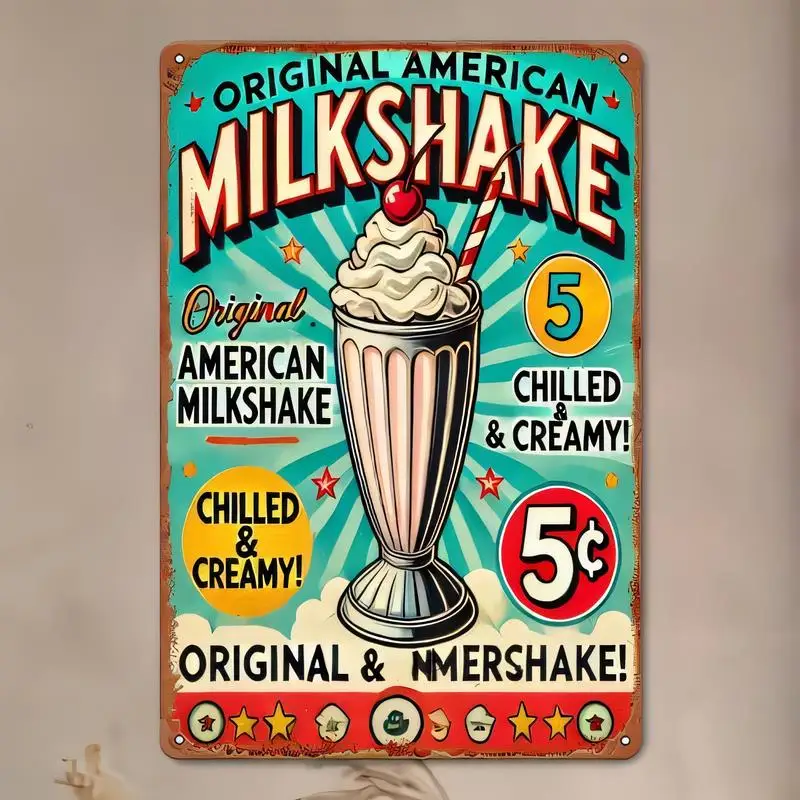 Vintage American Milkshake 5¢ Metal Tin Sign - Colorful Chilled Creamy Design, Retro Wall Art for Cafes, Kitchens, Home Decor -