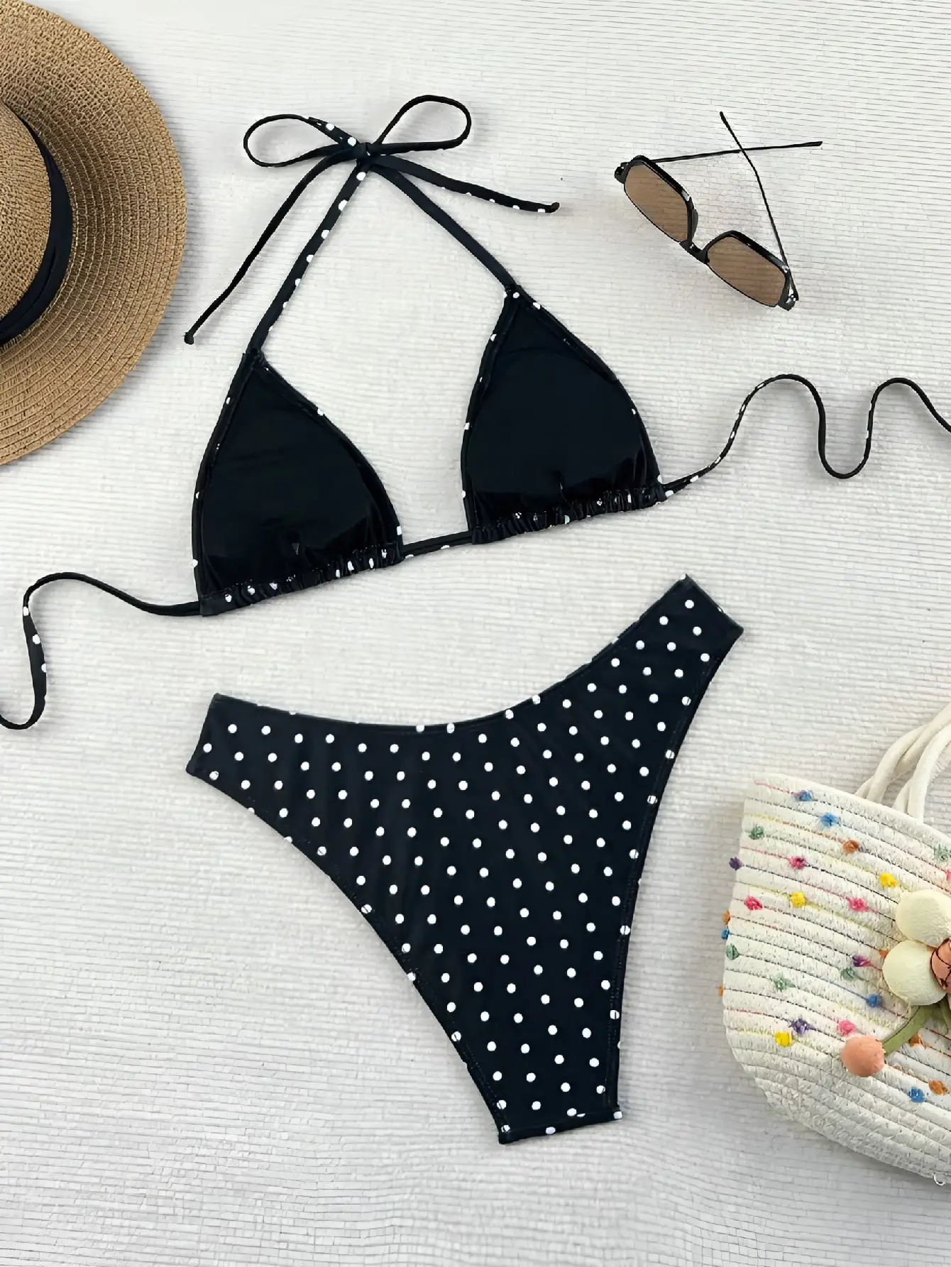 Women Polka Dot Bikini Set Halter Triangle Tie Top High Cut Cheeky Bottom Two‑Piece Swimsuit Beach Bathing Suit