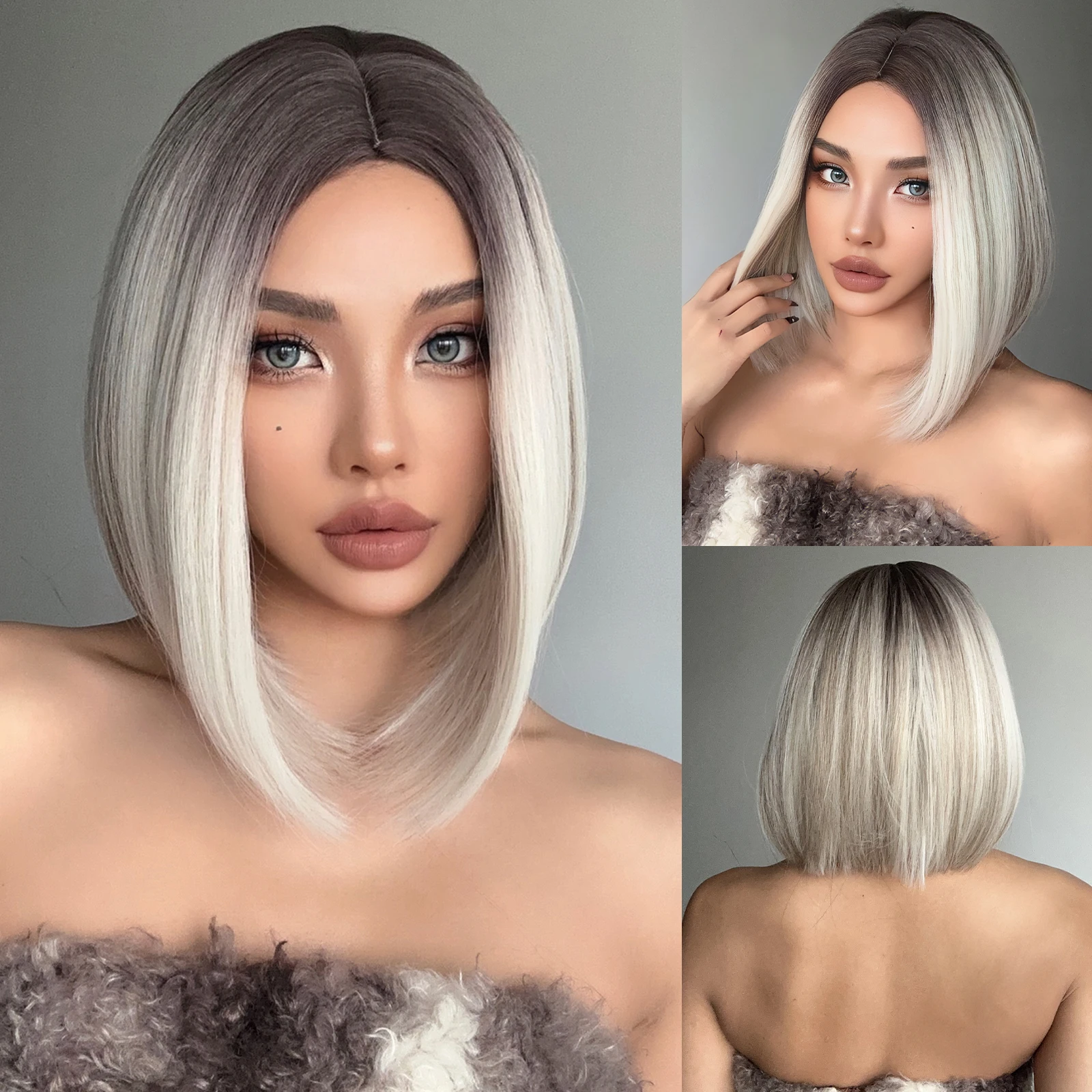 Bob Straight Platinum Ombre Gray Brown Synthetic Wigs Short Middle Part Cosplay Hair Wigs for Women Natural Heat Resistant Fibre