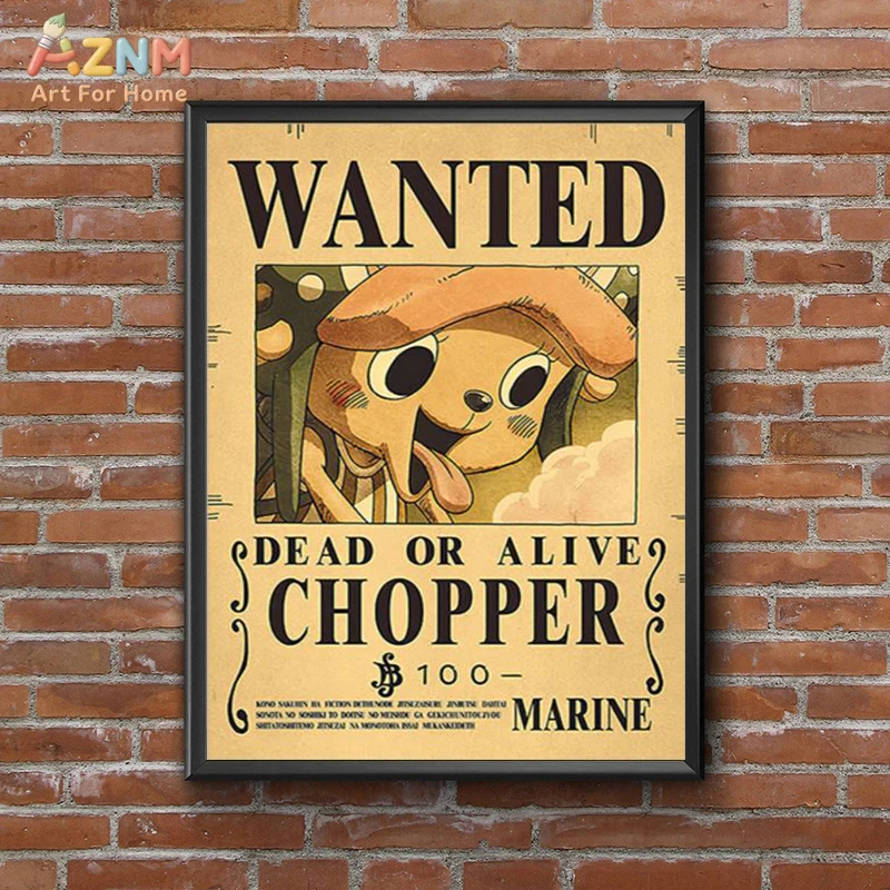 AZNM One Piece Tony Tony Chopper Retro Wanted Bounty Poster Anime Frameless Canvas Wall Art, Vintage Manga Home Living Room Deco