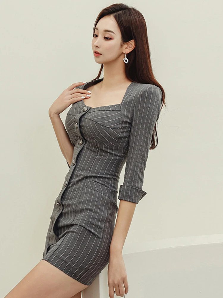 New Commute Lady Work Style Formal Pencil Dress Women Clothes Striped Elegant Office Sexy Square Collar Slim Short Mini Vestidos