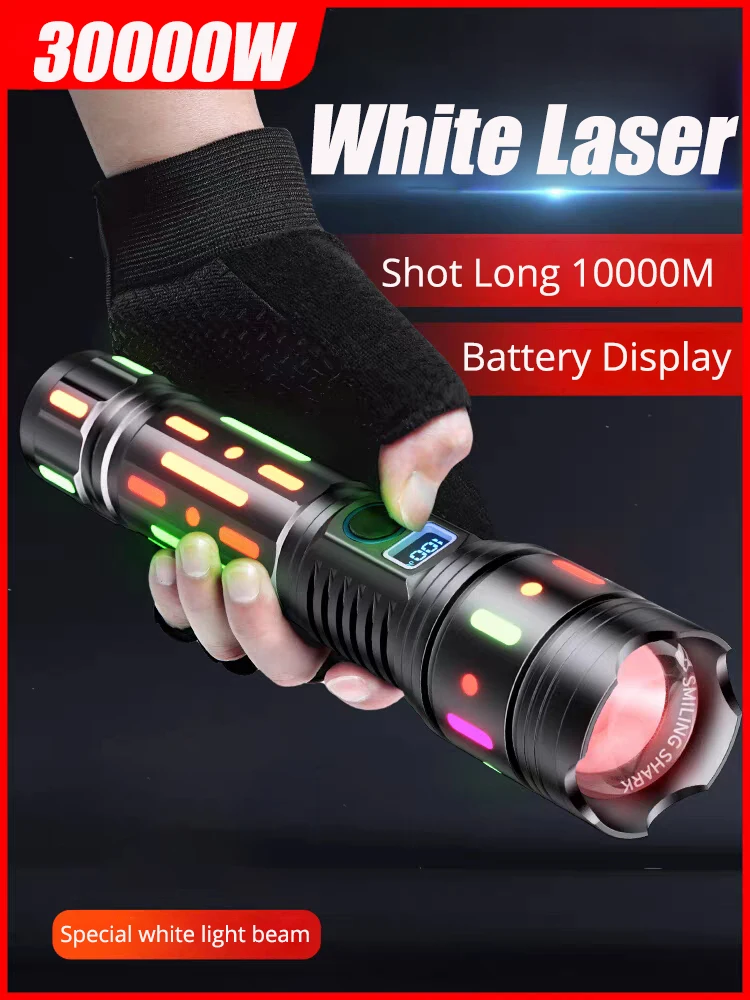 30000W LED Flashlights High-power USB Lanterna Xenon Lamp Zoom Waterproof Long-range 9KM Aluminum Output/Input Torch 10000mAH