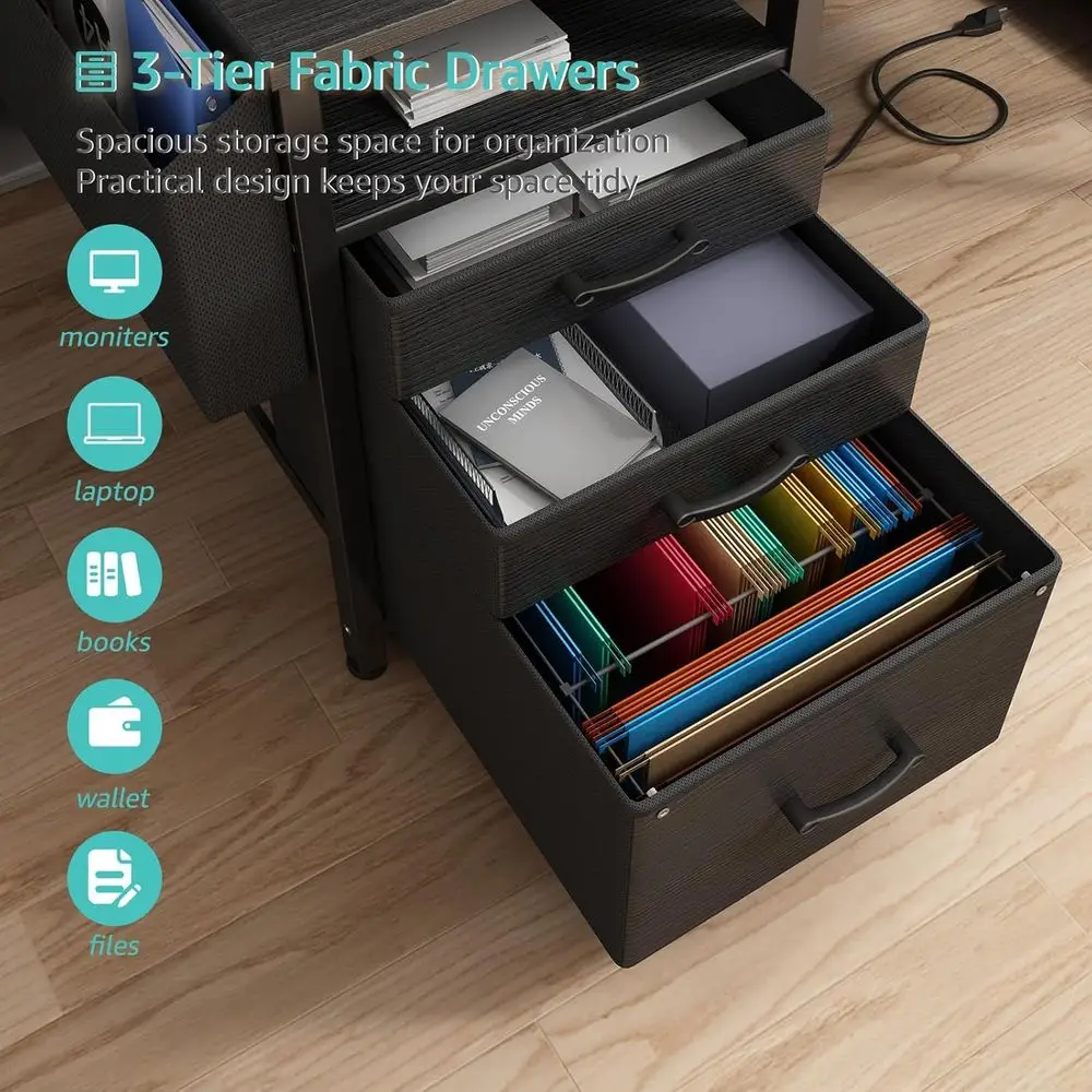 مكتب ألعاب 55 مضاء بإضاءة LED مع منافذ طاقة وأدراج ملفات وحامل شاشة باللون الأسود للمكتب المنزلي