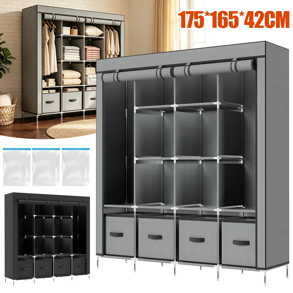 170x163x42cm Wardrobe with Four Drawers Portable Wardrobe Clothes Organizer Non-Woven Fabric Wardrobe Storage Cupboard for Bedroom