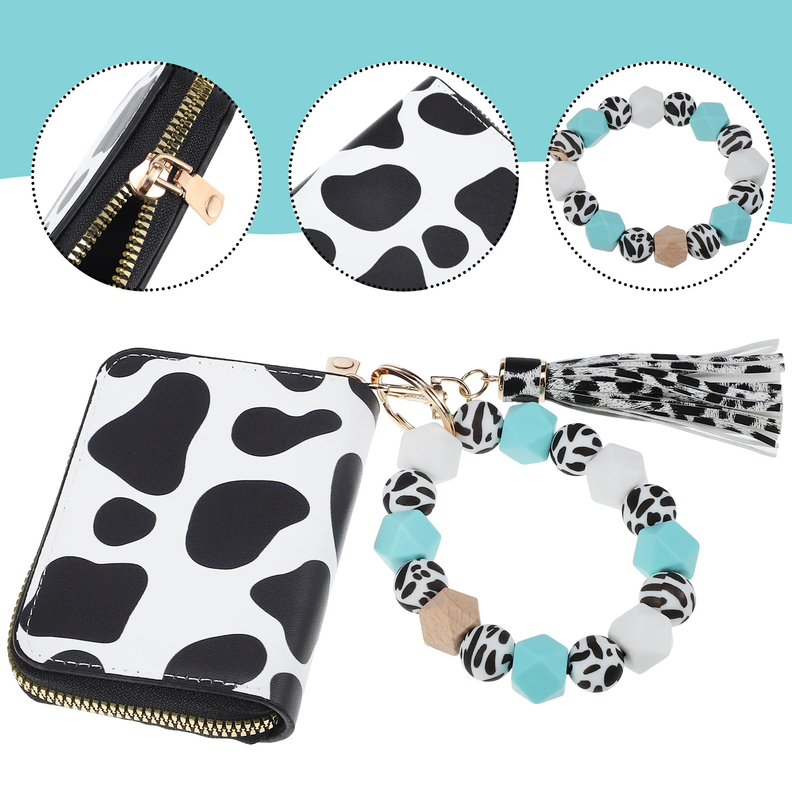

Fashionable Cow Print Keychain Wallet Wristlet for Women Lightweight PU Card Holder Key Ring Daily Essential