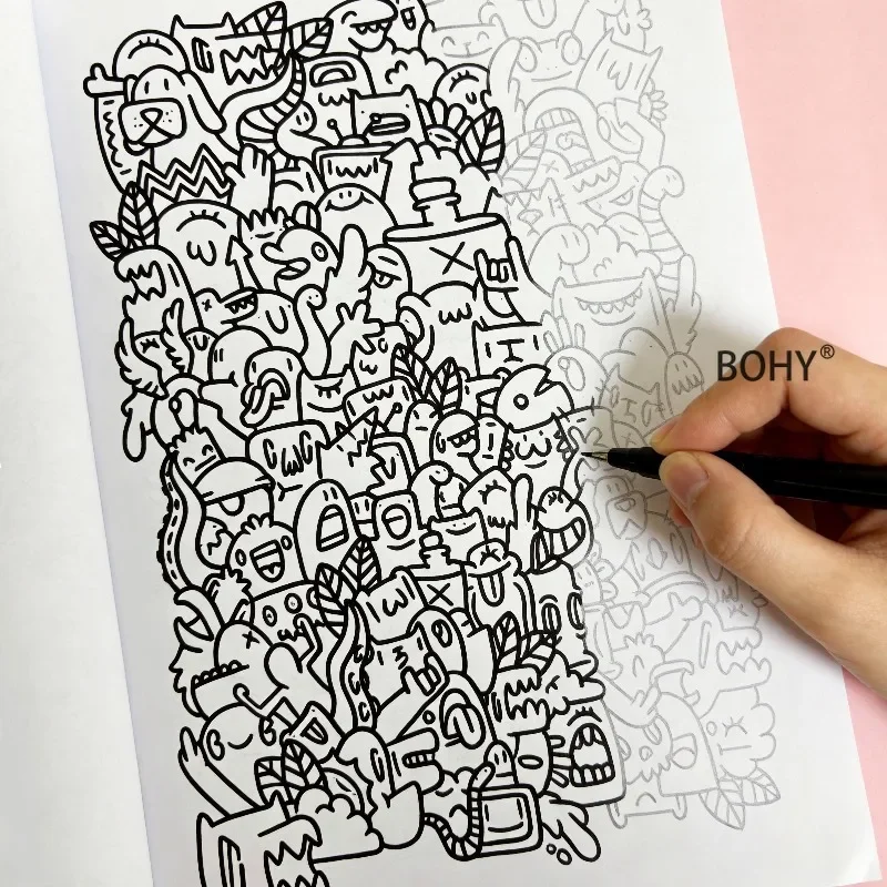 1 Large-sized Dense Graffiti Line Drawing and Coloring Brochure, with Cat Groups, Trendy Monsters, Healing Food and Other Themes