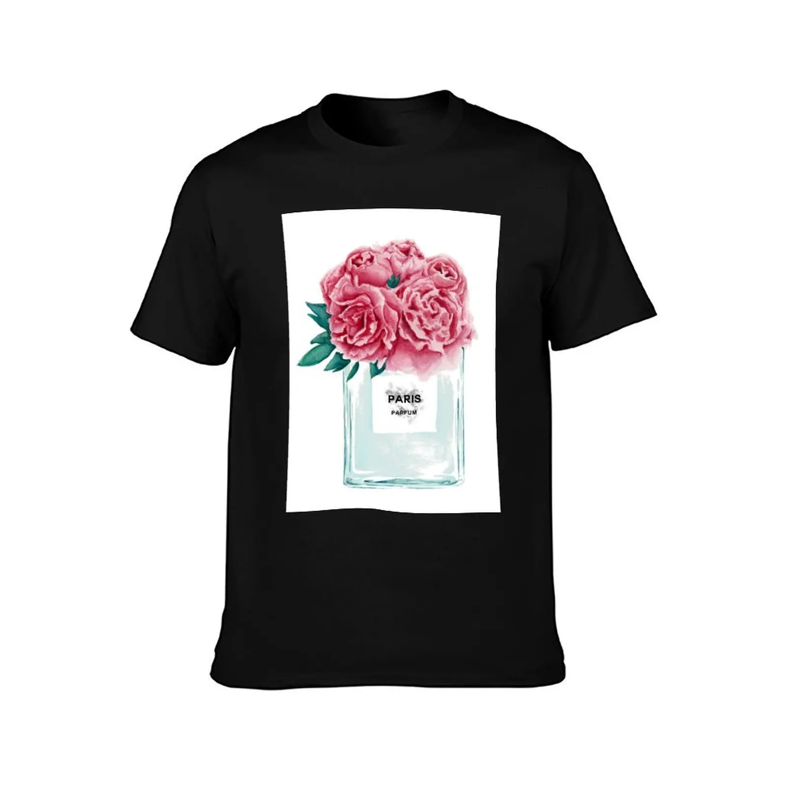 Perfume Bottle Watercolor Painting Hand Painted With Pink Flowers T-Shirt, Summer Casual Cotton Tee, Oversized Streetwear Tops