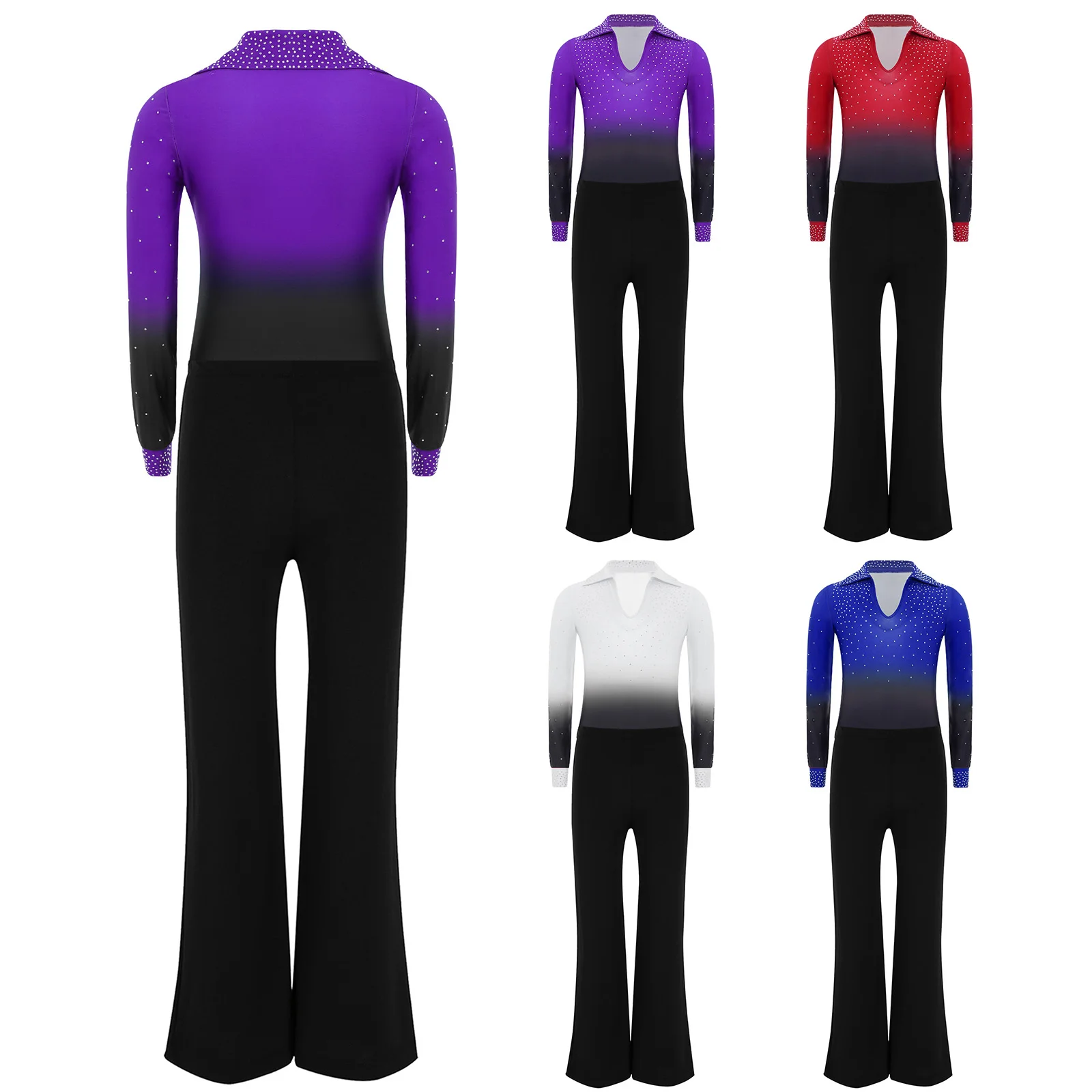 キッズボーイズジャズサルサチャチャダンスタンゴラテンサンバ衣装パフォーマンスコスチューム長袖光沢のあるラインストーンレオタード+パンツ