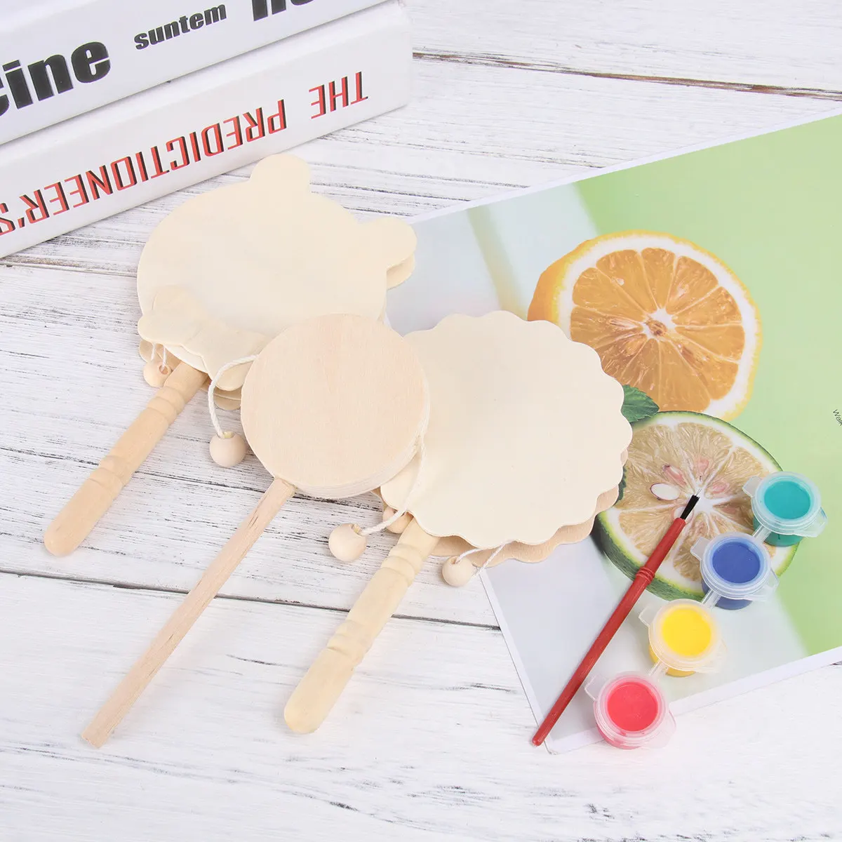 

7Pcs Wooden Pellet Drum Set Unfinished Surface for Kids Painting Rattle Drum Sensory Play Learning Tool Smooth Polished Handle