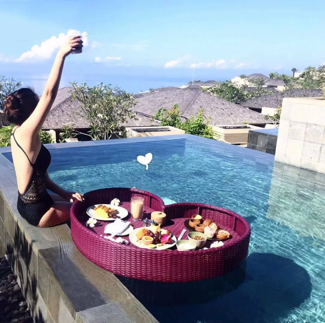 Factory Direct 2026 Internet celebrity afternoon tea rattan basket Bali water float breakfast tray B & B villa pool float tray