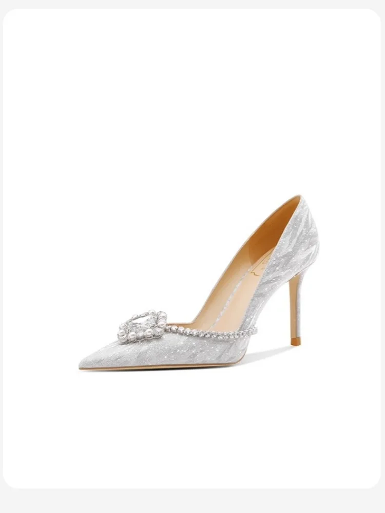 Stiletto high heels spring and summer new pointed toe shallow pearl rhinestone sequin wedding shoes banquet dress women's shoes