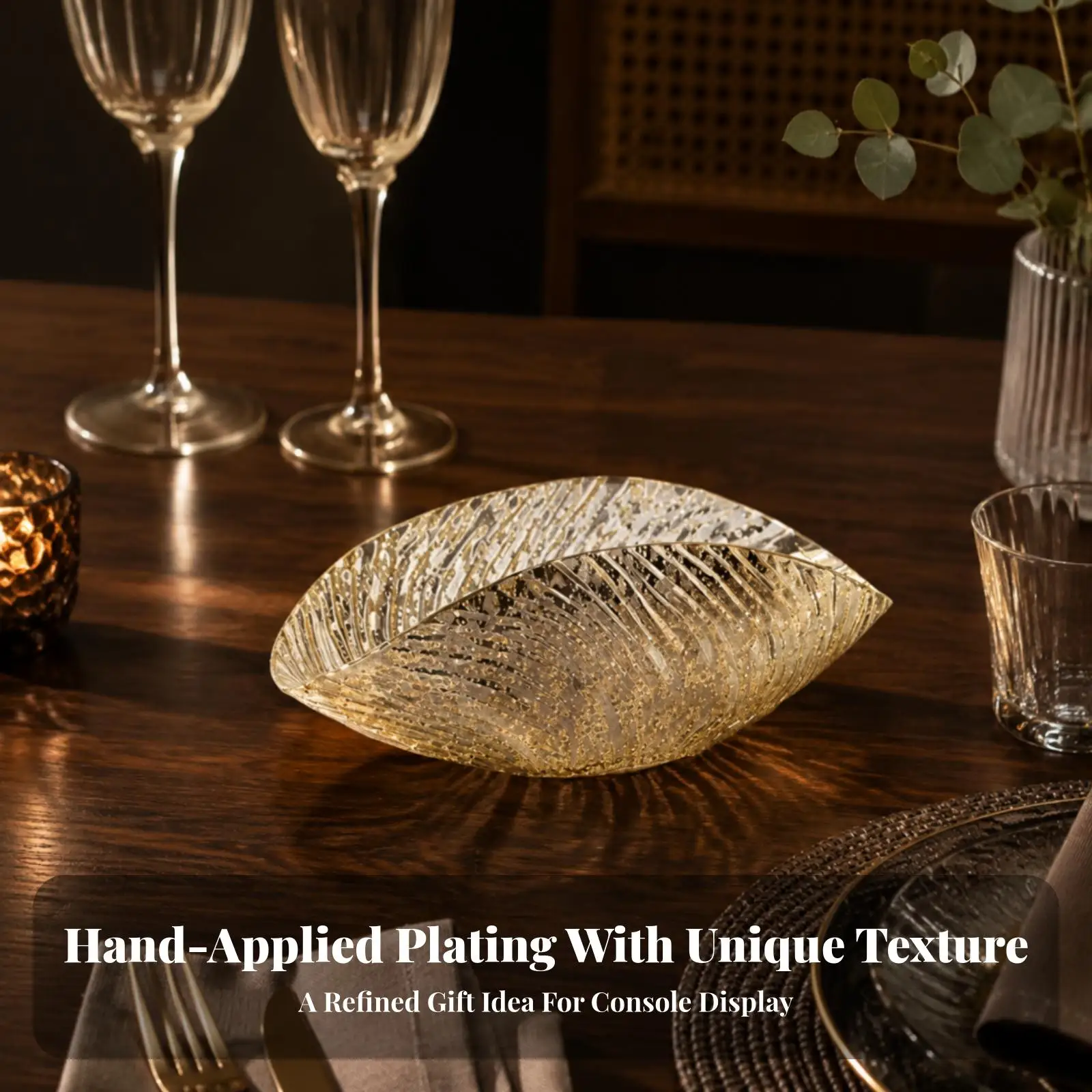 Handmade Glass Fruit Dish with Gold Ribbed Texture for Elegant Dining Table Decor
