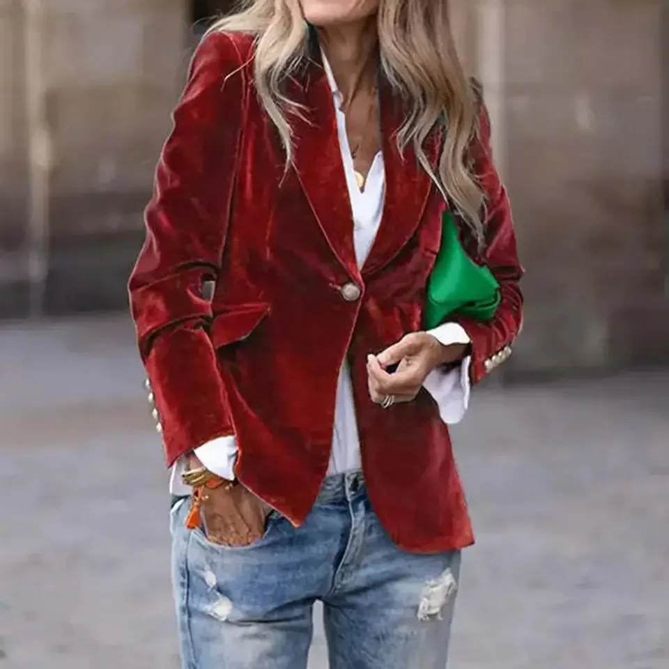 

Polyester Spandex Elegant Velvet for Women Stylish Long Sleeve Business Suit with Lapel Chic for Office