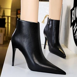 BIGTREE Shoes Women Leather Boots Sexy Women's Ankle Boots High Heels Plush Warm Autumn Winter Shoes Stilettos Short Boots Lady