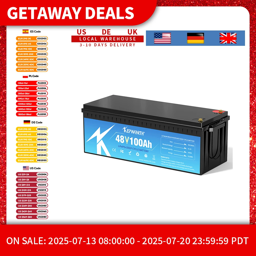 

48V 100Ah LiFepo4 Battery with 200A Bluetooth BMS, 10 Years-Lifetime, Perfect for Golf Carts, Boat, Trolling Motor, Lawn Mower