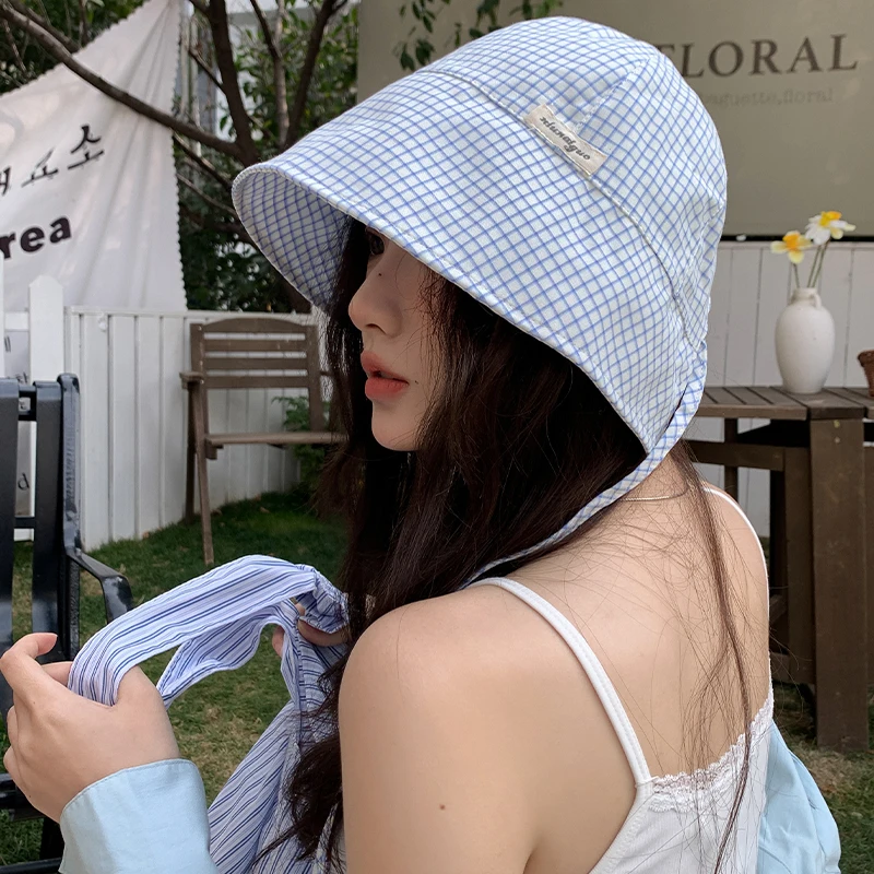 

Japanese Cute Blue Plaid Strap Bucket Hats for Women Spring and Summer Sun Protection Versatile Big Brim Sweet Loli Hat