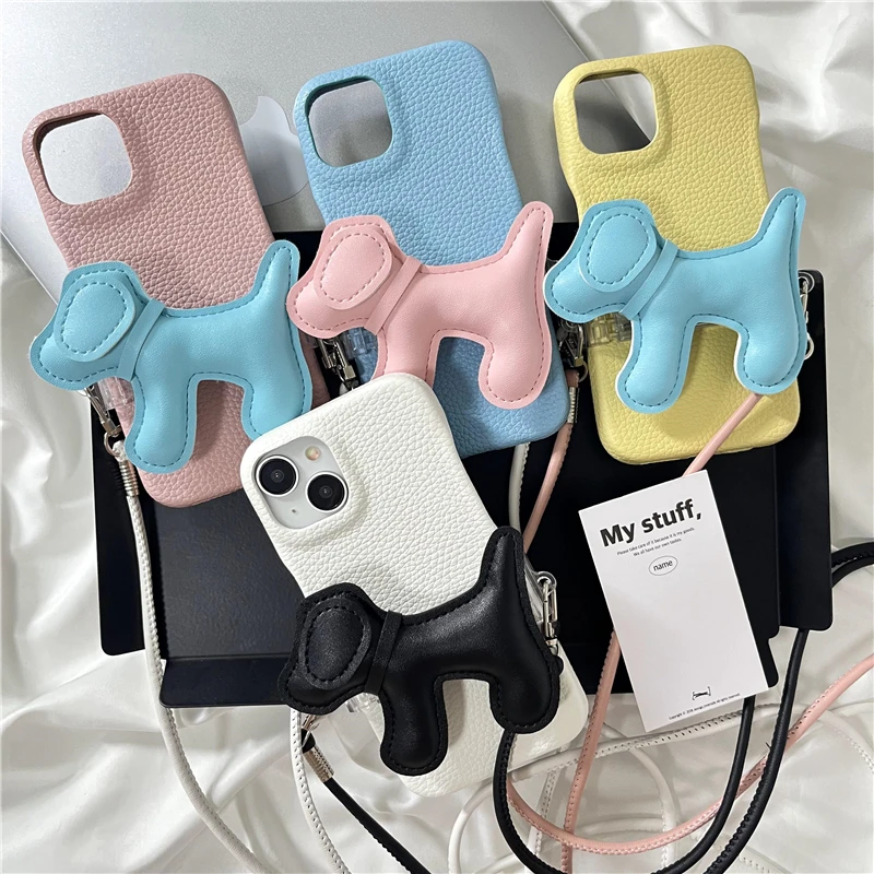 

Original Phone Case For Iphone 15 14 13 Pro Max INS Macaron Color Cartoon Puppy Full Coverage Phone Cover with Chain
