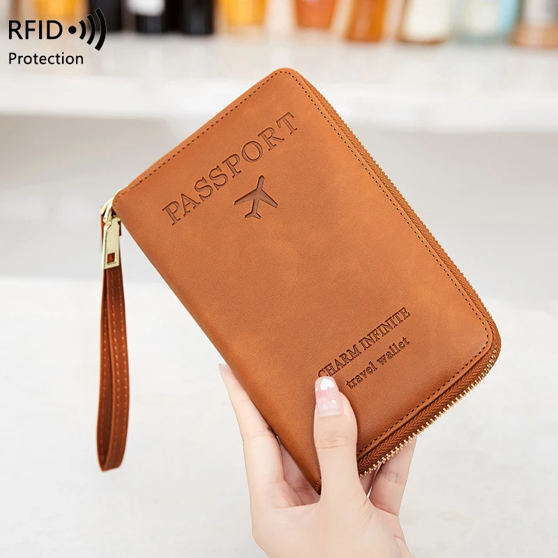 RFID Blocking Passport Holder, Travel Wallet, Ticket, Credit Card Bag, Multifunctional Zipper Wallet with Wrist Strap, Fashion