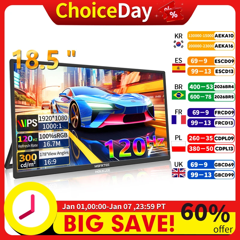 HGFRTEE moniteur de jeu Portable 18.5 pouces 1080P 16:09 120Hz 100% sRGB 300Cd/m2 écran de voyage pour MacBook ordinateur Portable consoles de jeux