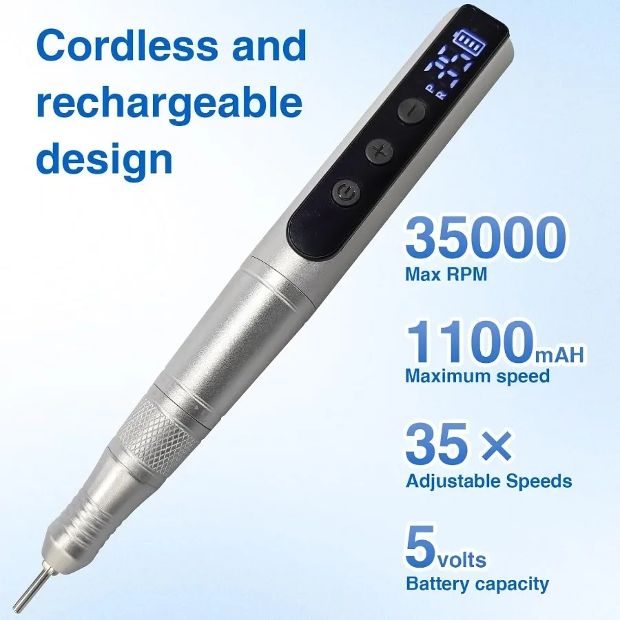 ชุดเจาะเล็บไร้สายแบบชาร์จไฟได้ปรับความเร็วเครื่องเจาะเล็บสำหรับอะคริลิคเจลผงจุ่มเล็บแบบพกพาตะไบเล็บ