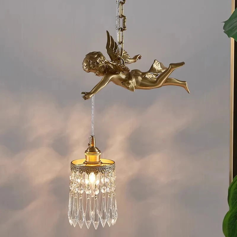 European Luxury Crystal Pendant Lamp Creative Copper Angel Statue LED Chandelier Hallway Villa Restaurant Aisle Bedroom Lighting